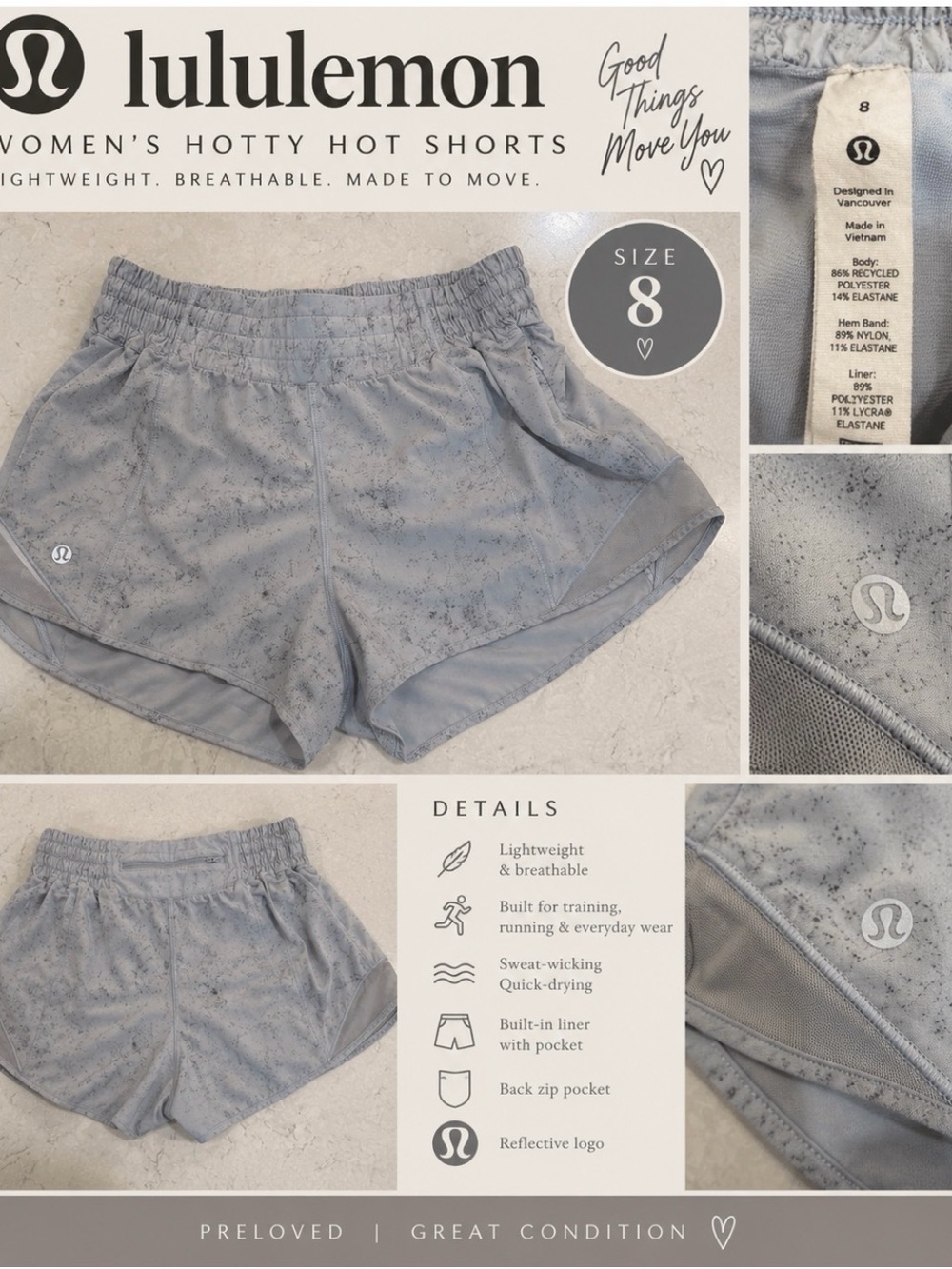Lululemon Hotty Hot Shorts Size 8 – Blue/Grey Print – Lined Running Shorts